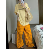 Fashionkova party outfit  Harajuku Loose Pants Streetwear Clothes Wide Leg Pants Korean Trousers Plaid Baggy Ladies Pants Yellow Jogger Trouser Hip Hop