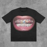 Fashionkova T Shirt Y2K Short Sleeve Tops Harajuku Hip Hop Retro Teeth Graphic Print Oversized TShirt Mens Womens Round Neck Cotton Clothes