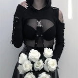 Fashionkova Black Gothic Crop Top Women Hoodies Punk Sweatshirt Off Shoulder Lace Up Hooded Pullover Cat Ear Short Style Female Jacket Coat ootd