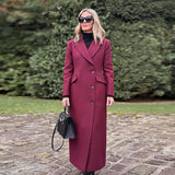 Fashionkova Party Outfit Retro Solid Double-Breasted Long Coats Women Vintage Loose Lapel Slit Maxi Coat With Pockets Winter Elegant High Street Overcoat