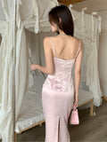 Fashionkova Sexy Bodycon Pink Satin Midi Dress Women New Summer Spaghetti Strap Slim Backless High Split Evening Party Dresses Prom Vestido ootd outfit idea