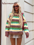 Fashionkova Party Outfit Loose Striped Mohair Sweater Jumper Women Long Sleeve O-neck Warm Pullover Top 2024 Autumn New Lady Colorful All-mach Knitwear