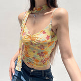 Fashionkova valentine's day aesthetic Camis Y2k Sweet Girl 90s Vintage Clothes Sling Flower Summer Slim Mesh Women Korea Harajuku Femme Crop Top Grunge Tank Clothing