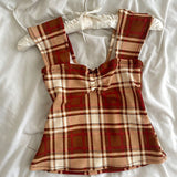 Fashionkova Cottage Y2K Aesthetic Bow Trim Milkmaid Crop Top Plaid/Stripes Print Square Neck Tank Tops Women Backless Slim Fit Shirts Vest Fairycore