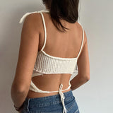 Fashionkova Sweetown White Front Tie Flower Knitted Boho Camisole Women Backless Sleeveless Lace-Up Slim Crop Summer Holiday Tops Cute 2000s Fairycore Outfit Idea