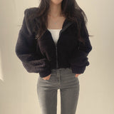 Fashionkova Solid Color Lamb Wool Zip Up Hoodie