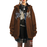 Fashionkova Harajuku E-girl Gothic Dark Academia Sweatshirts Grunge Punk Letter Wings Graphic Zip Up Hoodie Y2K Aesthetic Mall Goth Coat