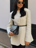 Fashionkova party look inspos White Elegant Round Neck Slim Fit Jacket Women Fashion Long Sleeve Single Breasted Pocket Coat New Chic Spring Lady Outwear