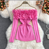 Fashionkova Women Elastic Knit Off Shoulder Chic Floral Sexy Blouse Korean Fashion Slim Sweater Women Casual Autumn Winter Top Outfit Ideas