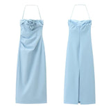 Fashionkova 3D Rose Applique Ruched Maxi Dress Women Elegant Halter Sleeveless Backless Chic Lady Dresses 2025 Spring Nightclub Party Robe ootd