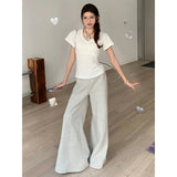 Fashionkova party outfit  Spring Gray Splicing Wide leg pants Contrasting Casual Pants Wide Elastic High Waist Women Straight Leg Chic Street Trousers