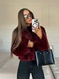 Fashionkova Party Outfit Vintage Red Faux Fox Fur Short Coat For Women Elegant Solid Lapel Long Sleeve Loose Jacket Winter Plush Warm High Street Outwear