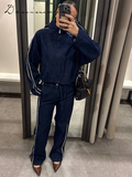 Fashionkova Street Denim Stripe Pants Set Women Long Sleeve Stand Collar Pocket Zipper Jacket Suit 2025 Straight Lace Up Casual Jeans Sets