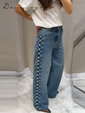 Fashionkova Casual Bead Jean Women Loose High Waisted Pockets Zipper All-match Straight Leg Trouser Female 2025 Y2k High Street Lady Outwear