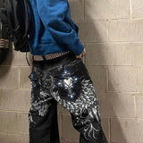 Fashionkova Skull geometric gothic pattern popular street high-waisted jeans men 2000s American vintage hip-hop fashion straight baggy pants