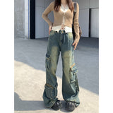 Fashionkova party outfit  Women's Blue Gothic Baggy Cargo Jeans with Star Harajuku Y2k 90s Aesthetic Denim Trousers Emo 2000s Jean Pants Vintage Clothes