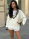 Fashionkova Valentine's Day Aesthetic Trendix Loose V Neck Knit Pullover Female Fashion Stripe Contrast Color Sweaters Winter Street Casual Long Sleeve Knitwear Coats