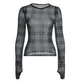 Fashionkova party look inspos Vintage Plaid T-shirts O-neck Long Sleeve Women Tees Casual Slim Fit Tops Fashion All-match Concise Outfits Autumn Chic