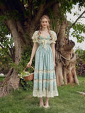 Fashionkova French Fashion Prairie Chic Sweet Lace Patchwork Midi Dress Women's Clothes Summer V-neck Slim Fit Fairy Style Elegant Dresses ootd