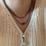 Fashionkova Retro Red Blue Contrast Colorful Natural Stone Cubes Beaded Necklace Set Women Beads Strand Chokers Aesthetic Jewelry Wholesale