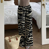 Fashionkova party look inspos Zebra-striped Casual Pants Fashion Black White Contrast Color Knit Pants Loungewear Drawstring Straight Trousers Autumn