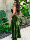 Fashionkova party look inspos Dulzura Lace Up Green Velvet Strap Maxi Dress For Women Side Slit Backless Bodycon Sexy Prom Dress Outfit Elegant Birthday Party