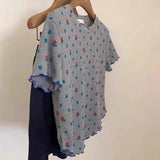 Fashionkova 2024 New Summer Korean Version Young Style Short Sleeved Slim Fit Round Neck Printed Polka Dot Shirring Women's T-shirt Top Casual Outfit