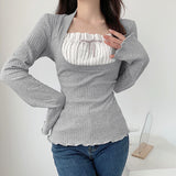 Fashionkova party look inspos y2k Lace Patchwork Fake Two Piece T-shirt Flare Long Sleeve Tops Spring Casual Kawaii Clothes Korean Shirt