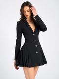 Fashionkova party look inspos Fantoye Deep V-neck Single Breasted Pleated Women Blazer Mini Dress Long Sleeve A-line Dress Autumn New Elegant Official Clothes