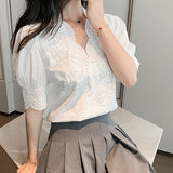 Fashionkova Summer Lace Embroidery Woman Blouse Fashion Hollow Out Stylish Elegant White Shirts Vintage Casual Half Sleeve Tops Blusas 13102