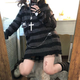 Fashionkova party look inspos Karrram Pink Striped Gothic Sweaters Women Ripped Holes Loose Knitted Pullover Frayed Fairy Grunge Jumpers Emo Streetwear Lolita