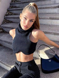 Fashionkova Y2k Black Knitting Turtleneck Crop Top Women Sexy Irregularity Skinny Elasticity Tank Top Fashion Club Top Streetwear Spring Style 2025