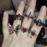 Fashionkova Goth Punk Retro Red Crystal Love Heart Cross Geometry Irregular Open Ring Set Y2K Halloween Accessories For Women Kpop Jewelry