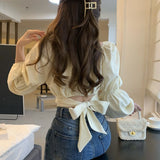 Fashionkova Elegant Blouses Women Sweet Puff Sleeve Bow Bandage Shirts Korean Streetwear Vintage Square Neck Lace Up Slim Casual Crop Tops ootd