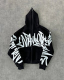 Fashionkova High Street Harajuku Retro Letter Graffiti Print Zipper Hoodie Men Y2k Gothic Hip Hop Punk Casual Oversized Sweatshirt Women