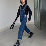 Fashionkova  Party Outfit  Jumpsuits Women Dark Blue Vintage Streetwear Harajuku Casual Fashion High Waist Loose Overalls Ulzzang Denim Suspenders Trousers