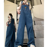 Fashionkova  Party Outfit  2024 Oversize Jumpsuit Women Cute Winnie The Pooh Embroidery Vintage Loose High Waist Streetwear Jeans Jumpsuit