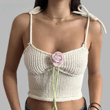 Fashionkova Sweetown White Front Tie Flower Knitted Boho Camisole Women Backless Sleeveless Lace-Up Slim Crop Summer Holiday Tops Cute 2000s Fairycore Outfit Idea