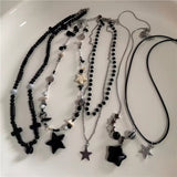 Fashionkova Punk Y2K Grunge Black Star Pendant Beaded Silver Color Chain Choker Necklace For Women Men Goth Charm EMO 2000s Jewely Accessory
