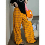 Fashionkova party outfit  Harajuku Loose Pants Streetwear Clothes Wide Leg Pants Korean Trousers Plaid Baggy Ladies Pants Yellow Jogger Trouser Hip Hop