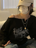 Fashionkova party look inspos Y2K T-shirt Fairy Grunge 2023 Vintage Letter Print Tops Black Autumn Off Shoulder Long Sleeved Korean Tees Loose Harajuku Shirt