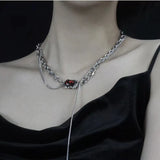 Fashionkova Punk Gothic Red Glass Cross Heart Pendant Pearl Necklace For Women Men Hip Hop Y2K 90s Short Choker Charms Jewelry Accessories