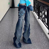 Fashionkova High Street Appliques Lace-up Design Pleated Pile Jeans Women Denim Pants Spring Boot Cut Straight-leg Low-waist Slim Trousers ootd