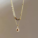 Fashionkova Fashion Double-layer Brown Natural Stone Sun Pendant Necklace For Women Girls Charm Aesthetic Vintage Jewelry Accessories Gift