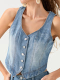 Fashionkova Women's Denim Vests Stylish Sleeveless V Neck Button Down Slim Fit Waistcoats Crop Tops for Streetwear Grunge Clothes Fairycore