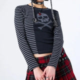 Fashionkova party look inspos Woman Gothic T-shirts y2k Skull Printed Striped Long Sleeve Slim Tops Woman Clothing Streetwear