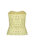 Fashionkova Yellow Floral Print Sleeveless Strapless Slim Cute Y2K Tube Top Women Lace Trim Shirring 2000sSummer Holiday Clothing Fairycore Outfit Idea