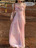 Fashionkova Casual Light Pink Printed Sleeveless Dress Beach Fashion Y2K Vintage Chic Summer French Retro Elegant Chiffon Midi Dress Women Outfit Ideas