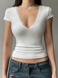 Fashionkova Sweetown White Solid Lace Trim V Neck Slim Basic Short Sleeve T Shirt Women Elegant Fashion Sexy Korean Tees