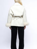 Fashionkova party look inspos Women Burgundy Patchwork Faux Fur Woolen Coat Elegant V-neck Lace Up Belt Jackets 2024 Autumn Winter Lady High Streetwear